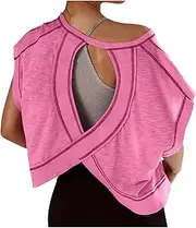 [Generic] Fashion Womens Open Back Workout Tops Short Sleeve Y2k Yoga Shirts Athletic Gym Slouchy Crop Top Casual Backless Running Tees Chic
