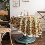 USTIDE Sunflower Jacquard Tablecloth Farmhouse Faux Linen Tablecloth Vintage Elegant Table Cover,150cm
