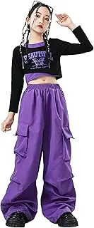 [LOLANTA] Girls Hip Hop Dance Clothes 2 Piece Outfits Jazz Team Long Sleeve Crop Top Cargo Pants Set