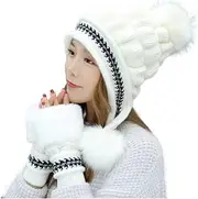 [LBEIPDN] Women Winter Knit Beanie Peruvian Circle Glove Set Fleece Lined Skull Cap Ear Flaps Fuax Fur Pompoms for Winter