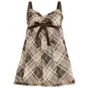 V-Neck Plaid Ruffled-Trim Bow Accent A-Line Camisole Top / Short Sleeve Top Short Sleeve - L