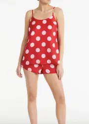 NEW PETER ALEXANDER INTIMATE CAMI TOP & SHORTS PJ SET RED PINK SPOTS RRP$99.95 L