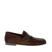 SANTONI men shoes Brown fine suede apron toe loafer with strap made in Italy