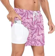 [GuoChe] Men Swim Trunks Men's 2In1 Workout Shorts Valentine's Day Stylized Flowers Cute Purple with Compression Liner Board, Valentine's Day Stylized Flowers Cute Purple, Medium