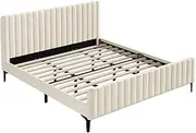 OIKITURE Velvet Bed Frame with Headboard, Wooden Bed Frame Platform Reinforced Bracket Support, Modern Design, Capacity 300KG, 219x192x104CM, for Kids Toddler and Adult, Beige