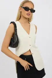 Beige Linen Vest Longline V Neck - Size 16XL, Women's Jacket