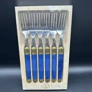 Jean Dubost Laguiole 6 Dinner Forks Set France Bee Blue Gold Wooden Box Rare Vtg