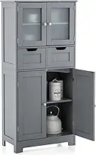 Giantex Floor Storage Cabinet with 4 Doors, Freestanding Bathroom Cabinet with 2 Glass Doors, 2 Drawers & Adjustable Shelves, Multifunctional Storage Organizer Cupboard for Kitchen Living Room, Grey
