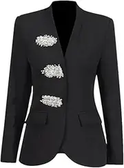 [Zadaos] Womens Casual Blazers Notched Collar Long Sleeve Patchwork Bead Hot Drilling Suit Jackets Black XL(12)