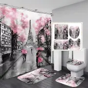 4Pcs Paris Eiffel Tower Pink Shower Curtain Sets Bathroom Set Decor with Non-...