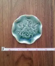 Handmade Art Studio Pottery Ceramic Spoon Rest Flowers Leaves Botanical Green