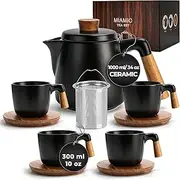 MIAMIO – 1000 ml Ceramic Tea Pot Set with Infuser and Cups/Tea Strainer, 4 Ceramic Tea Mugs (300 ml), Bamboo Saucers/Handle for Home and Office (Black)