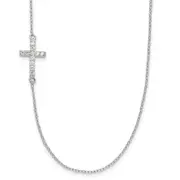 Sterling Silver Rhod-Pltd Cz Offset Sideways Cross W/2In Ext Necklace