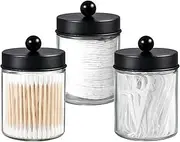 3 Pack Apothecary Jar Canisters Bathroom Vanity Organizer - Qtip Holder Storage Organizer Set Countertop Canister with Stainless Steel Lids &Cute Stickers for Qtips,Cotton Swabs,Makeup Sponges,Floss
