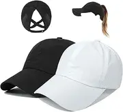 [Fymlhomi] 2Pack Womens Criss Cross Ponytail Baseball Cap Adjustable Quick Drying Sun Hats Mesh High Bun Pony Cap Women for Outdoor Sports Travel, Black+White, One Size