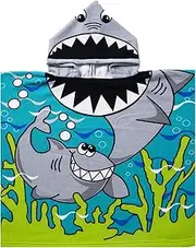 Kids Shark Beach Towel with Hood for Age 1-6 Years Toddler Boys - Soft Microfiber Super Absorbent Poncho Towel, Multi-use for Bath/Swim/Pool/Shower 23.6 x 23.6 inch