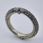Vintage Indian Handmade Etched Tribal Kada Bangle in Sterling Silver