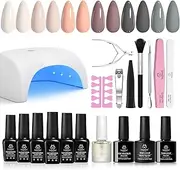 beetles Gel Polish Gel Nail Polish Kit with U V Light Base Gel Top Coat, Spring 6 Colors 21 Pcs Nude Gray Pink Gel Starter Kit for Women, Soak off LED Gel Polish Set DIY Manicure Home Nail Essentials