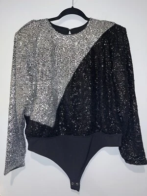 Express Bodysuit XL Black Silver sequin Sexy