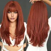 Long Straight Auburn Wig with Bangs 26 Inch Orange Ginger Synthetic Layered Hair Wigs for Women Natural Copper Red Head Heat Resistant Wig for Daily Party Use