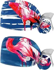 [YTYVAGT] 2-Pc,Nurse Scrub Caps,Scrub Hats with Buttons and Cotton Sweatband,Blue Stripe Pink Flamingo