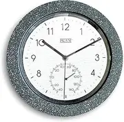 PKVM 1978 9.8 inch Indoor/Outdoor Faux Concrete Finish Waterproof Wall Clock with Thermometer Battery Operated Round Clock. Decorative Clock for Garden/Home