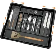 Cutlery Drawer Organiser with 9 Compartments, 3-Sided Expandable Kitchen Drawer Organiser, Non-Slip,Large for Spoons, Forks and Knives (Black)