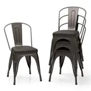 Costway Metal Dining Chair Set of 4 Stackable Kitchen Chairs w/Removable Backs & PU Leather Cushioned Seat Gun Grey