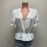 Topshop Womens White Puff Sleeve Stretchy Morgan Ruffle Trim Peplum Blouse Top 6