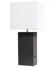 Lalia Home Modern Leather Table Lamp With USB And White Fabric Shade