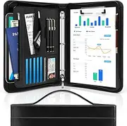 Padfolio Portfolio Organizer Binder with Zipper and Hidden Handle, PU Leather Portfolio Folder for Documents, Business Card Holder, Notepad Padfolio for Men&Women, Letter Size A4 Writing Pad. (Black)