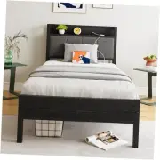 Bed Frame with Storage Headboard/USB Charging Station,Heavy Twin Black/Grey