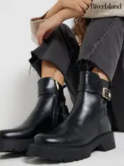 River Island Black Chunky Ankle Boots With Buckle (AC5954) | $111
