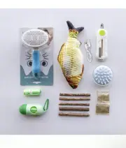 Cat gift box-flopping fish toy, brushes, nail clipper, cat nips, chewing stick
