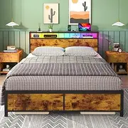 Ufurniture Double Bed Frame with Storage Headboard, Industrial Metal Bed Base with Charging Station and RGB LED Lights,Brown&Black