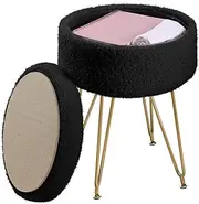 [ABHENG] Round Seat Stool, Teddy Velvet Footstool with Storage Space, Dressing Table, Upholstered Stool, Make-Up Stool, 32 x 32 x 44 cm, Ink Black, ASND51B