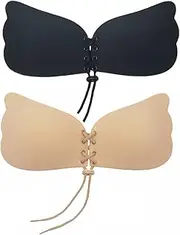 [Donbafre] Push Up Bra for Women, 2 Pack Invisible Adhesive Strapless Backless Bra, Stick on Bra with Drawstring, Reusable & Skin Friendly Sticky Silicone Padded for Everyday Wearing, Party, Wedding