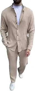 [HanzhuoLG] Men's Fashion Tracksuit Set Solid Color Casual Loose Lapel Long Sleeve Shirts & Pants Two Piece Set Medium Khaki