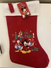 Disney Mickey Mouse Red Felt Christmas Stocking Daffy Duck Goofy “Oh What Fun!”