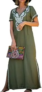 [L-Peach] Women's Cotton Kaftan Loungewear Boho Homewear Oversized Kimono Maxi Beach Dress Cover Ups Robes
