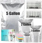 SHXWELL 50pcs Mylar Bags for Food Storage With Oxygen Absorbers - 14.8 Mil - 5 Gallon (5pcs) + 2 Gallon (5pcs) + 1 Gallon (20pcs) +1 Quart (20pcs) +2500cc and 400cc Oxy-Sorb (Individually Sealed)