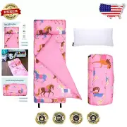 Portable Kids Nap Mat for Daycare with Pillow - Soft Cotton Blend - Horses Print