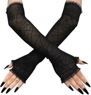 [LUNROUG] witch gloves Women's Spider Web Lace Fingerless Glove Glitter Black Fingerless Gloves for Halloween Cosplay Costume Accessories, Black