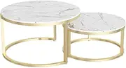 Tables Marble Coffee Table Round Elegant Design Metal Base Living Room Accent Furniture Beside Sofa Cocktail Table, White and Gold, Set of 2