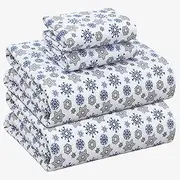[RUVANTI] 100% Cotton 4 Piece Flannel Sheets Full Snow Flake Print Deep Pocket -Warm-Super Soft - Breathable Moisture Wicking Flannel Bed Sheet Set Full Include Flat Sheet, Fitted Sheet 2 Pillowcases