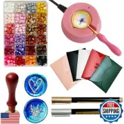 Wax Seal Kit - Electric Warmer with 2 Brass Stamps, 600 Wax Beads, 5 Envelope