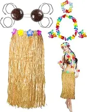 [Tigeen] 6 Pcs Coconut Bra Hawaiian Grass Hula Skirt Costume Set 31.5 inch Dance Leis Outfit for Women Luau Party Supplies