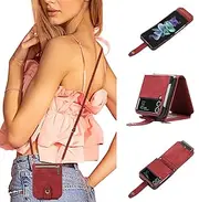 [UEEBAI] Crossbody Wallet Case for Samsung Galaxy Z Flip 4 5G, Card Slots Adjustable Crossbody Zipper Cover Detachable Lanyard Strap Flip Case with Hand Strap Kickstand Case - Red Wine