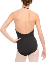 NWT Danskin Dance Backless Halter Leotard Rich Black SZ 0-2 P/TP/XP Low Cut Back