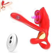 Vibrating Cock Ring Penis Sleeve with Rose Clitoral Stimulator, Penis Ring Vibrator Couples Adult Sex Toys for Men Women, Male Female Couple Sex Toy with G Spot Clitoris Vibrator (Red)
